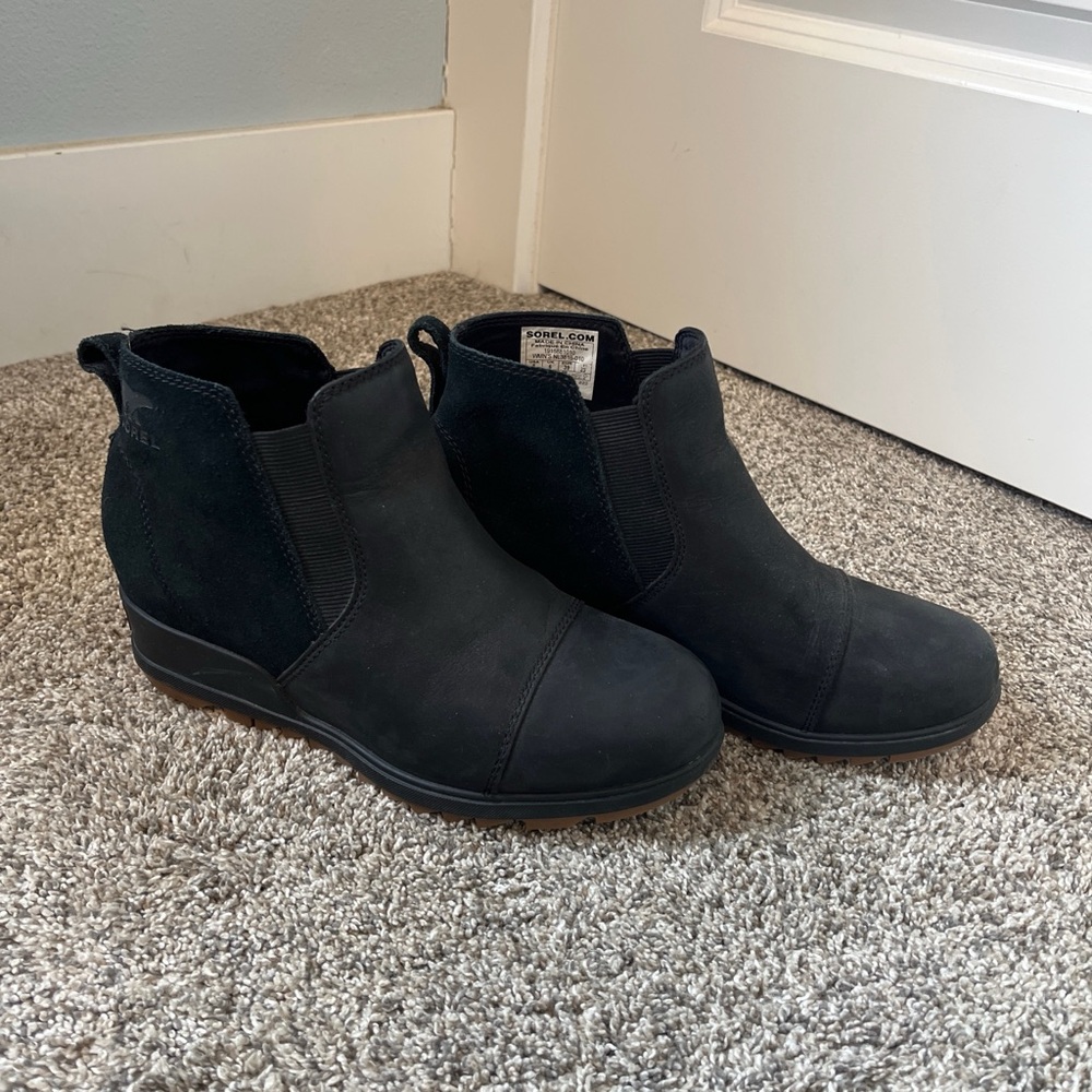 Sorel Black Suede Chelsea Ankle Wedge Booties